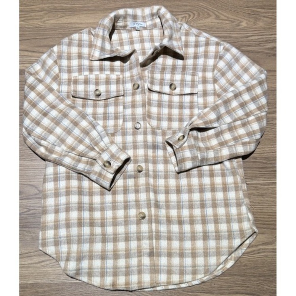 Polagram Women's Flannel Shacket Size S Tan And Cream Plaid With Blue